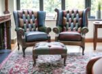 Pair Of Patchwork Chesterfield Queen an Chairs With Foot Stool